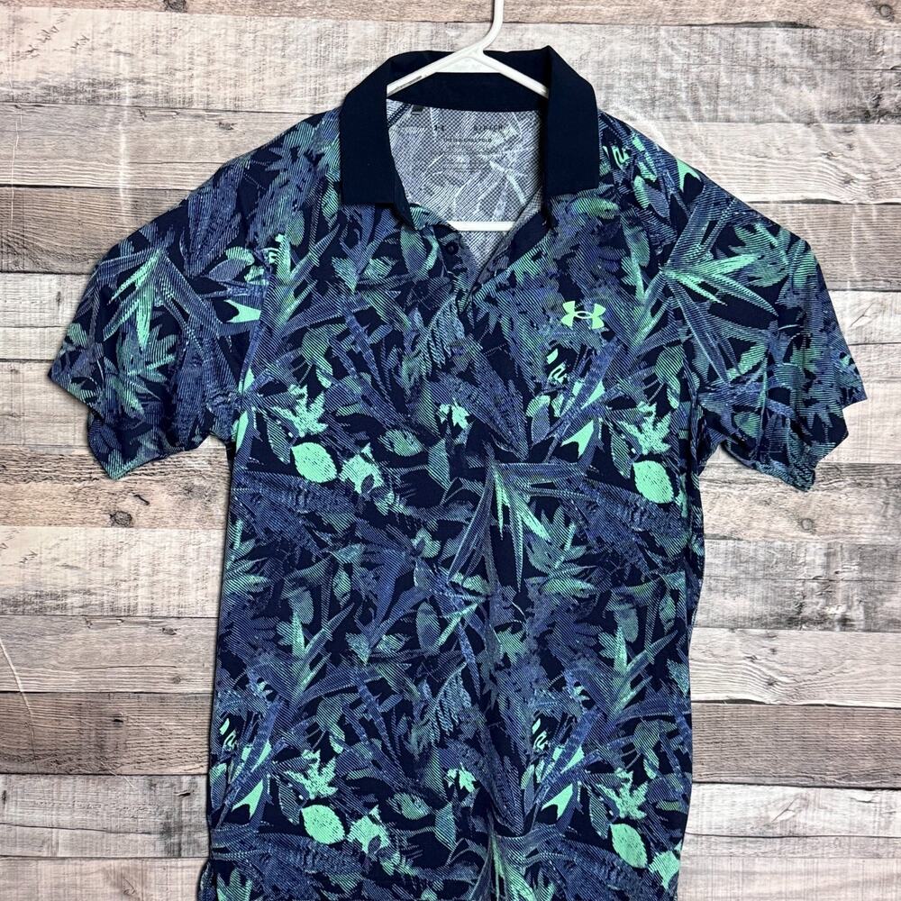 Under Armour Iso Chill Edge Floral Polo Shirt Mens Small Green Blue Performance
